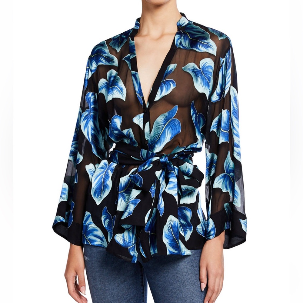 Alice and Olivia leaf printed button front tie-waist kimono top